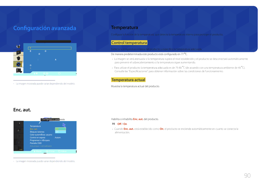 Samsung LH46UDCBLBB/EN, LH55UDCBLBB/EN manual Configuración avanzada, Enc. aut, Control temperatura, Temperatura actual 