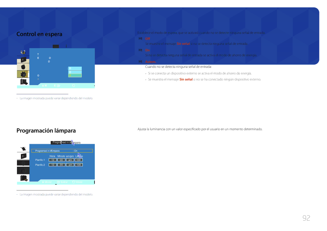 Samsung LH46UDCBLBB/EN, LH55UDCBLBB/EN manual Control en espera, Programación lámpara, Autom 