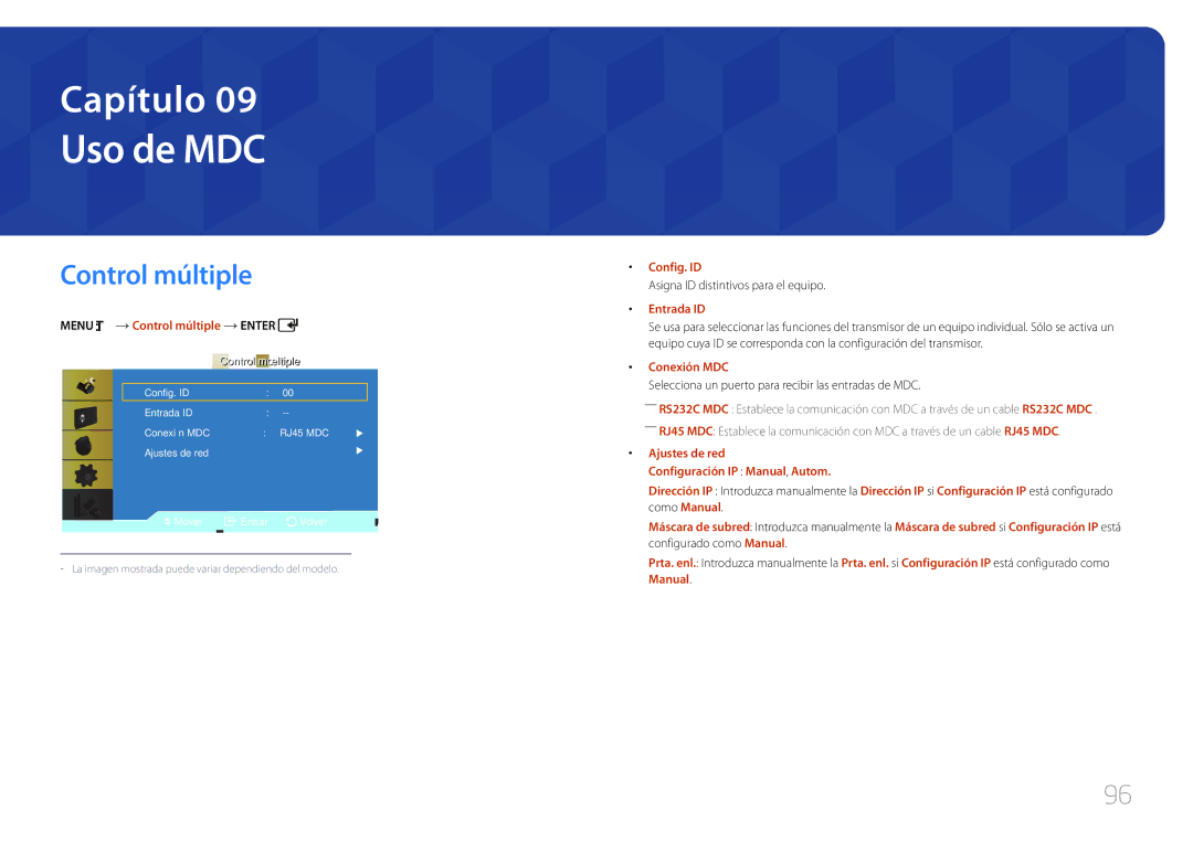 Samsung LH46UDCBLBB/EN, LH55UDCBLBB/EN manual Menu m Control múltiple Enter, Config. ID, Entrada ID, Conexión MDC 