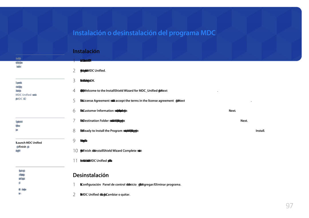 Samsung LH55UDCBLBB/EN, LH46UDCBLBB/EN manual Instalación o desinstalación del programa MDC, Desinstalación 