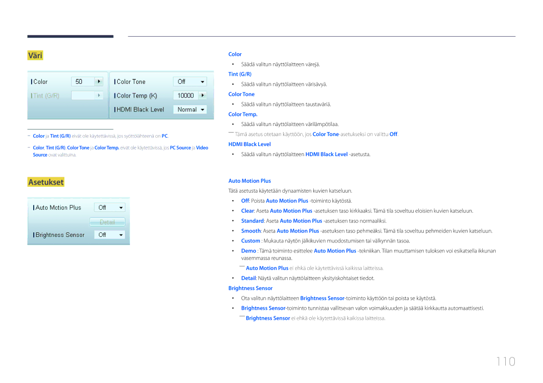 Samsung LH46UDCBLBB/EN, LH55UDCBLBB/EN manual 110, Väri, Asetukset 