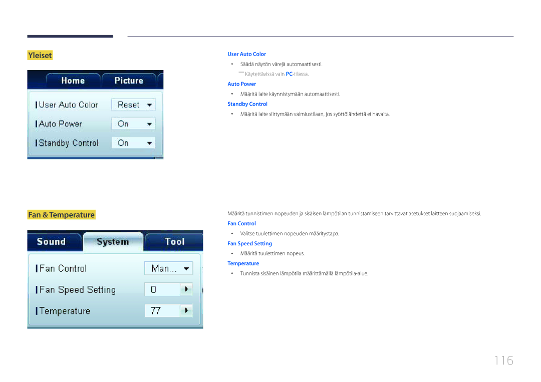 Samsung LH46UDCBLBB/EN, LH55UDCBLBB/EN manual 116, Yleiset Fan & Temperature 