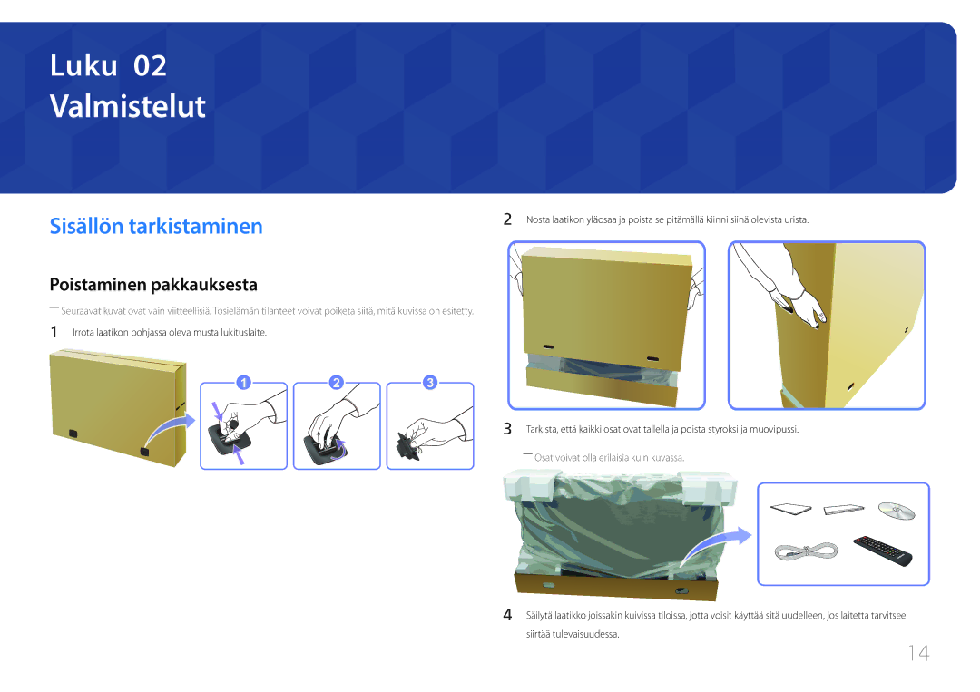 Samsung LH46UDCBLBB/EN, LH55UDCBLBB/EN manual Sisällön tarkistaminen, Poistaminen pakkauksesta 