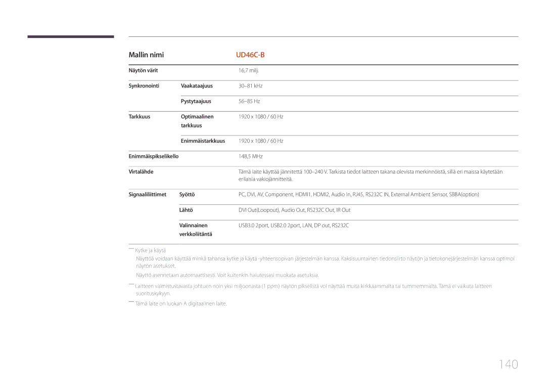 Samsung LH46UDCBLBB/EN, LH55UDCBLBB/EN manual 140, Virtalähde 