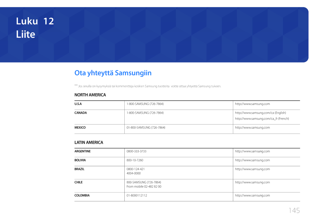 Samsung LH55UDCBLBB/EN, LH46UDCBLBB/EN manual Ota yhteyttä Samsungiin, 145 