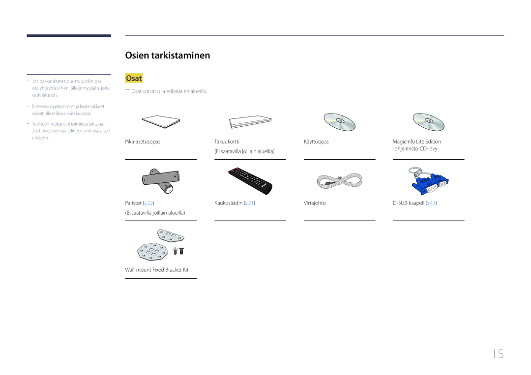 Samsung LH55UDCBLBB/EN, LH46UDCBLBB/EN manual Osien tarkistaminen, Osat 