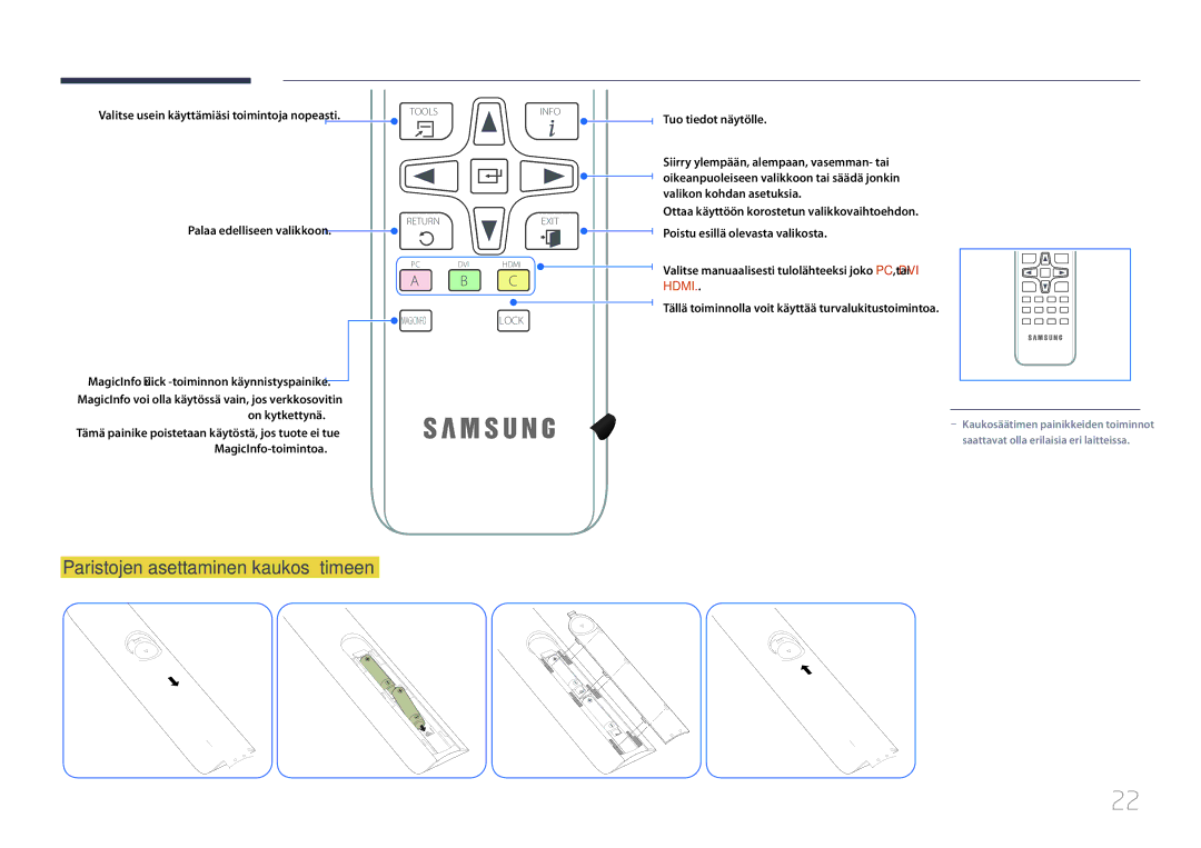 Samsung LH46UDCBLBB/EN, LH55UDCBLBB/EN manual Paristojen asettaminen kaukosäätimeen, Palaa edelliseen valikkoon 