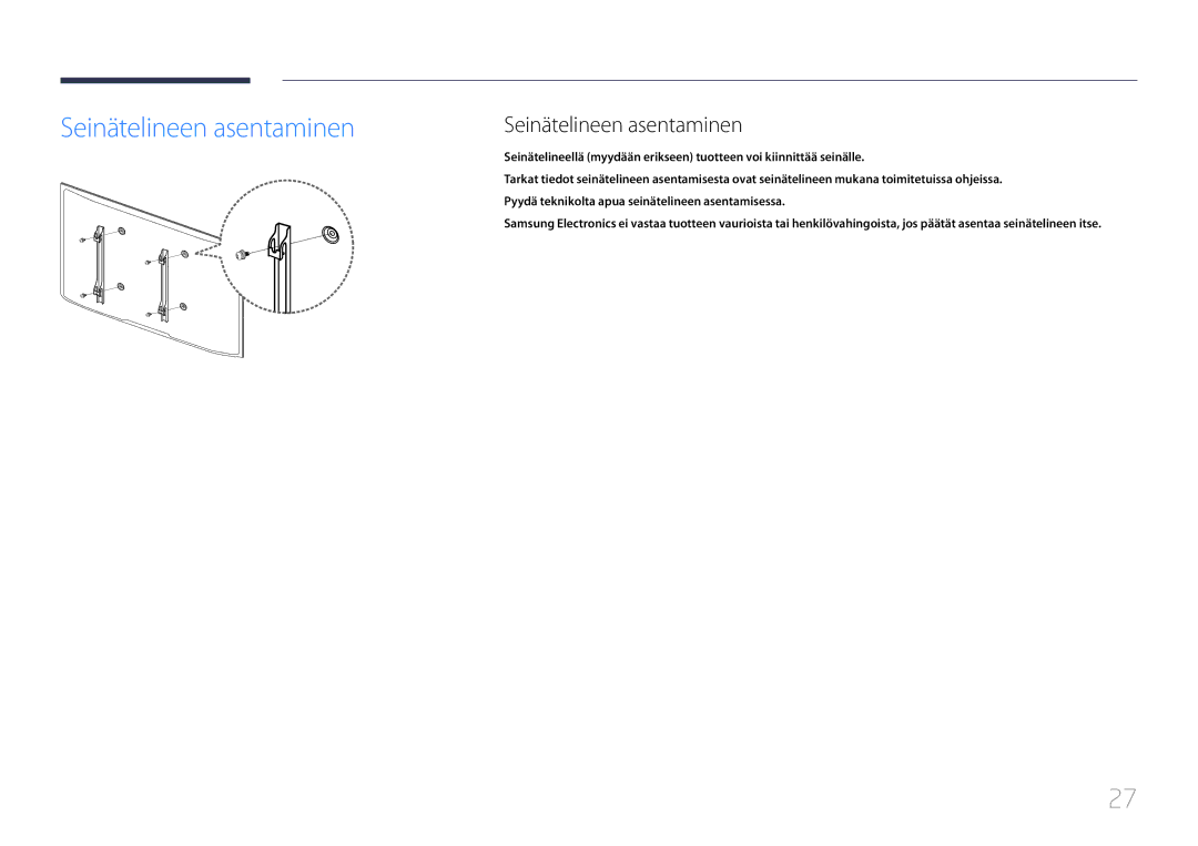 Samsung LH55UDCBLBB/EN, LH46UDCBLBB/EN manual Seinätelineen asentaminen 