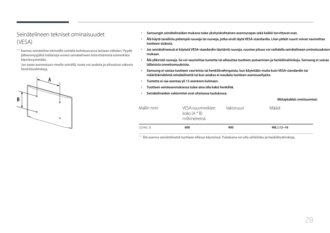 Samsung LH46UDCBLBB/EN, LH55UDCBLBB/EN manual Seinätelineen tekniset ominaisuudet Vesa, Määrä, Koko a * B Millimetreinä 