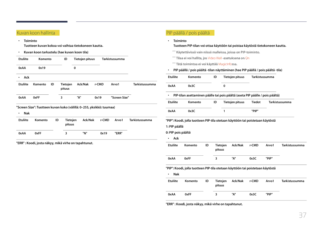 Samsung LH55UDCBLBB/EN, LH46UDCBLBB/EN manual Kuvan koon hallinta, PIP päällä / pois päältä 