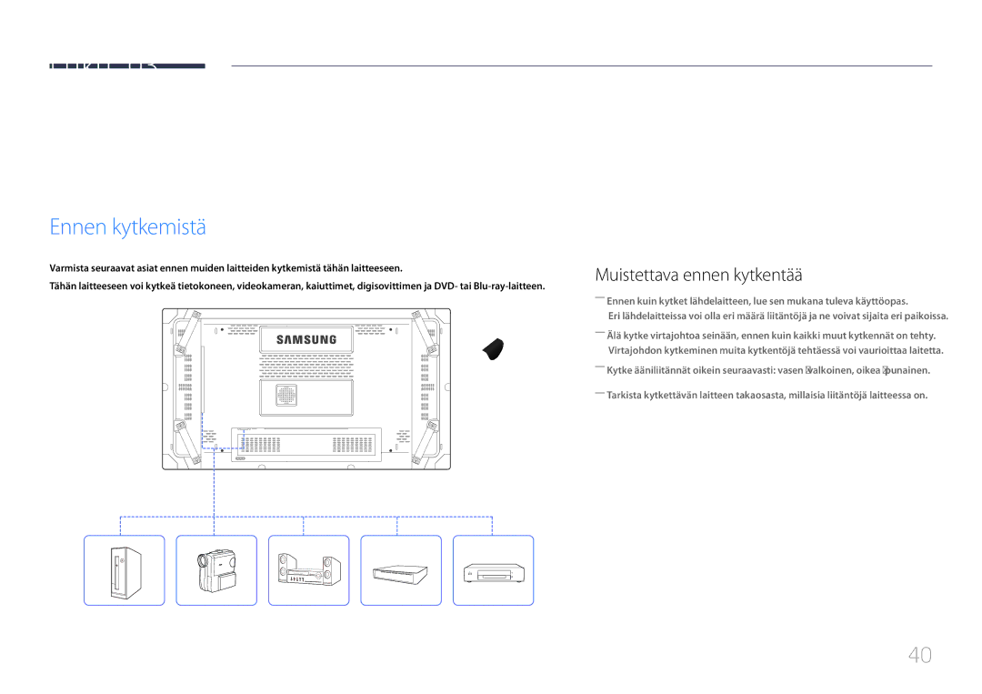 Samsung LH46UDCBLBB/EN, LH55UDCBLBB/EN manual Ennen kytkemistä, Muistettava ennen kytkentää 