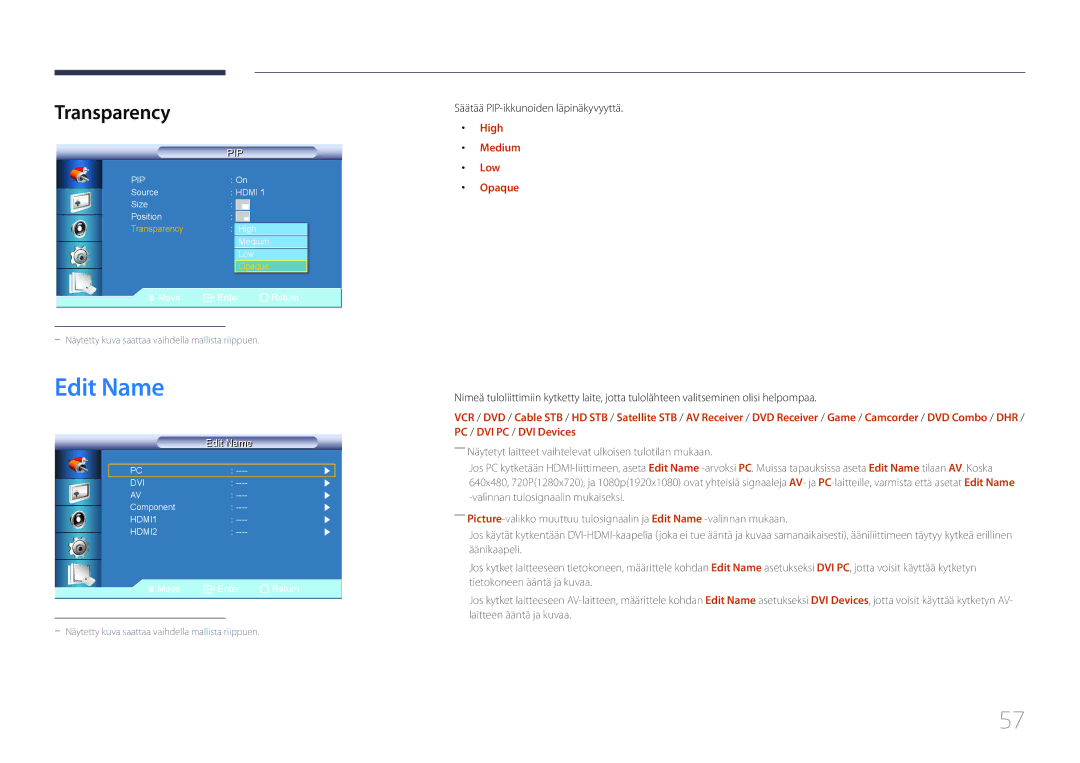 Samsung LH55UDCBLBB/EN, LH46UDCBLBB/EN manual Edit Name, Transparency, High, Low 