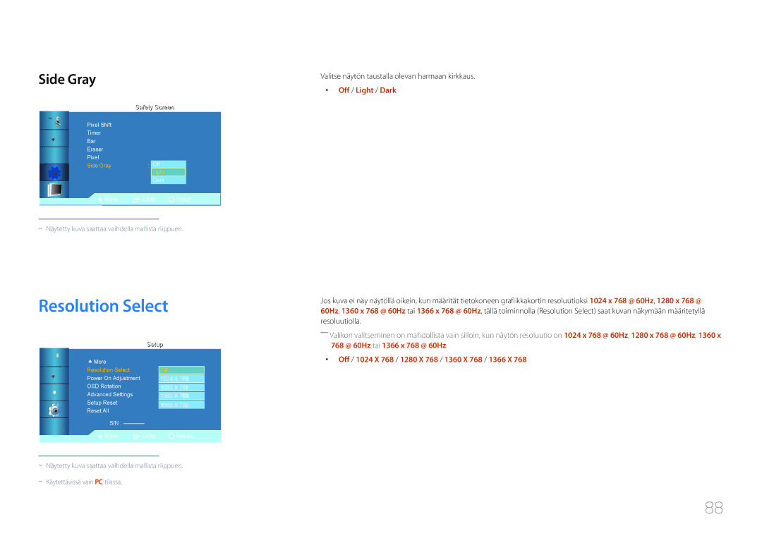 Samsung LH46UDCBLBB/EN, LH55UDCBLBB/EN manual Resolution Select, Side Gray, Off / Light / Dark 