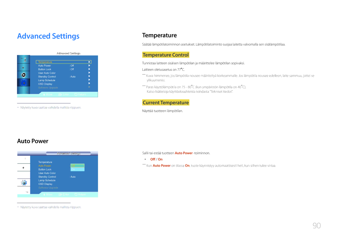 Samsung LH46UDCBLBB/EN, LH55UDCBLBB/EN manual Advanced Settings, Auto Power, Temperature Control, Current Temperature 