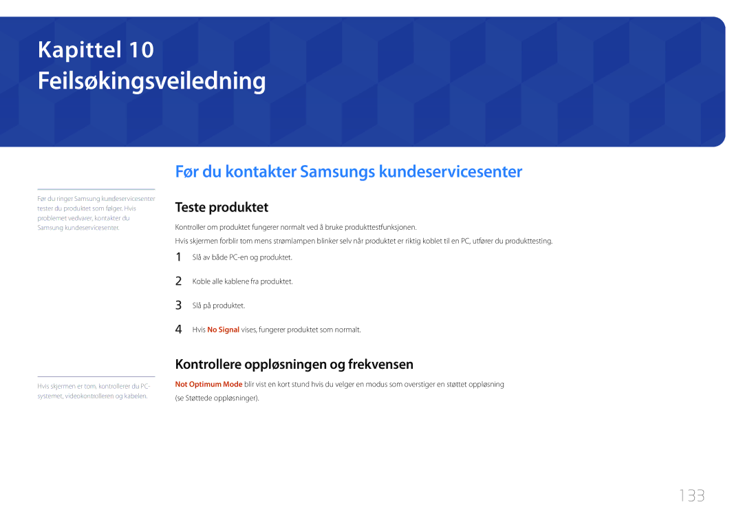 Samsung LH55UDCBLBB/EN, LH46UDCBLBB/EN manual Før du kontakter Samsungs kundeservicesenter, 133, Teste produktet 