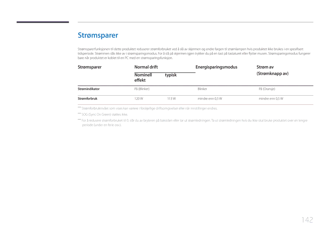 Samsung LH46UDCBLBB/EN, LH55UDCBLBB/EN manual Strømsparer, 142 