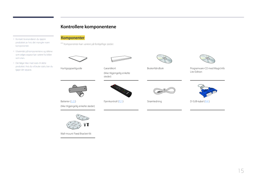 Samsung LH55UDCBLBB/EN, LH46UDCBLBB/EN Kontrollere komponentene, Komponenter, Hurtigoppsettguide Garantikort Brukerhåndbok 