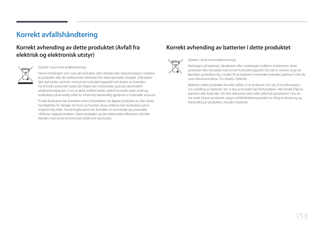 Samsung LH55UDCBLBB/EN, LH46UDCBLBB/EN Korrekt avfallshåndtering, 153, Korrekt avhending av batterier i dette produktet 