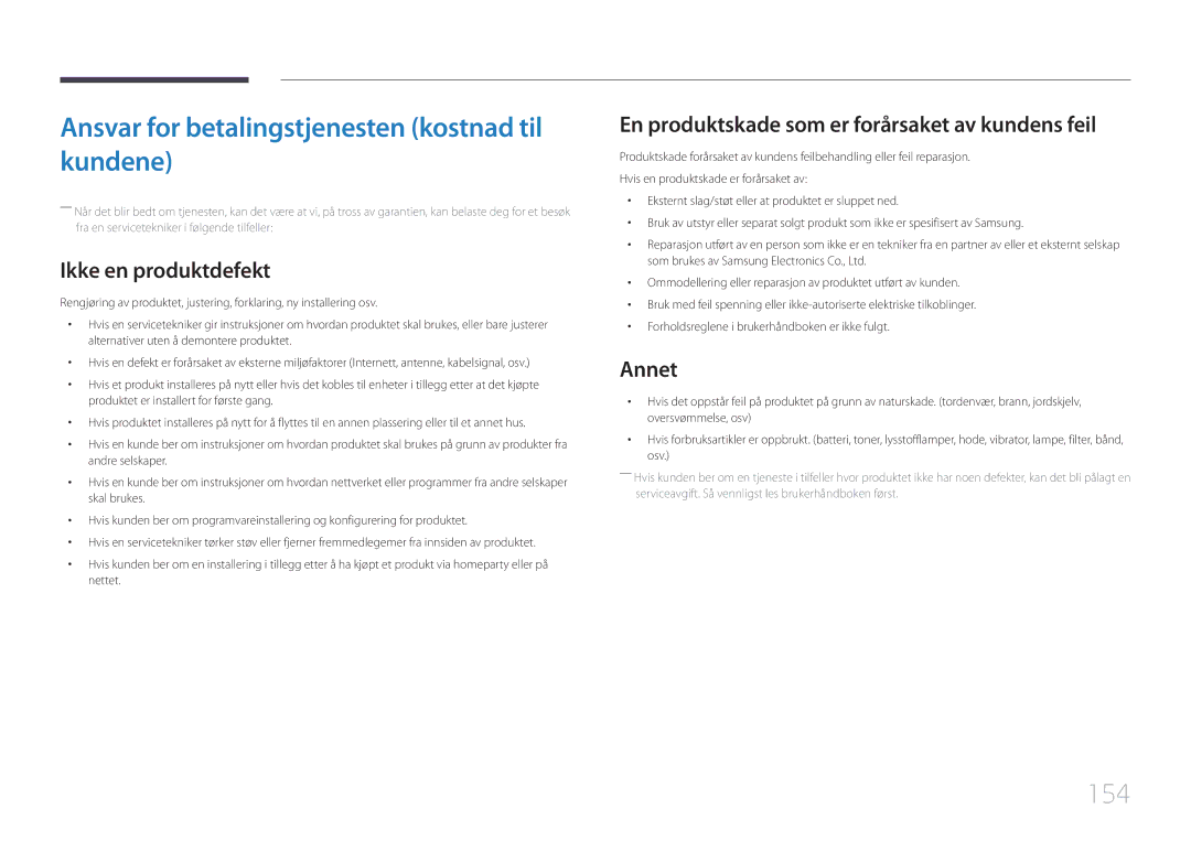 Samsung LH46UDCBLBB/EN manual Ansvar for betalingstjenesten kostnad til kundene, 154, Ikke en produktdefekt, Annet 