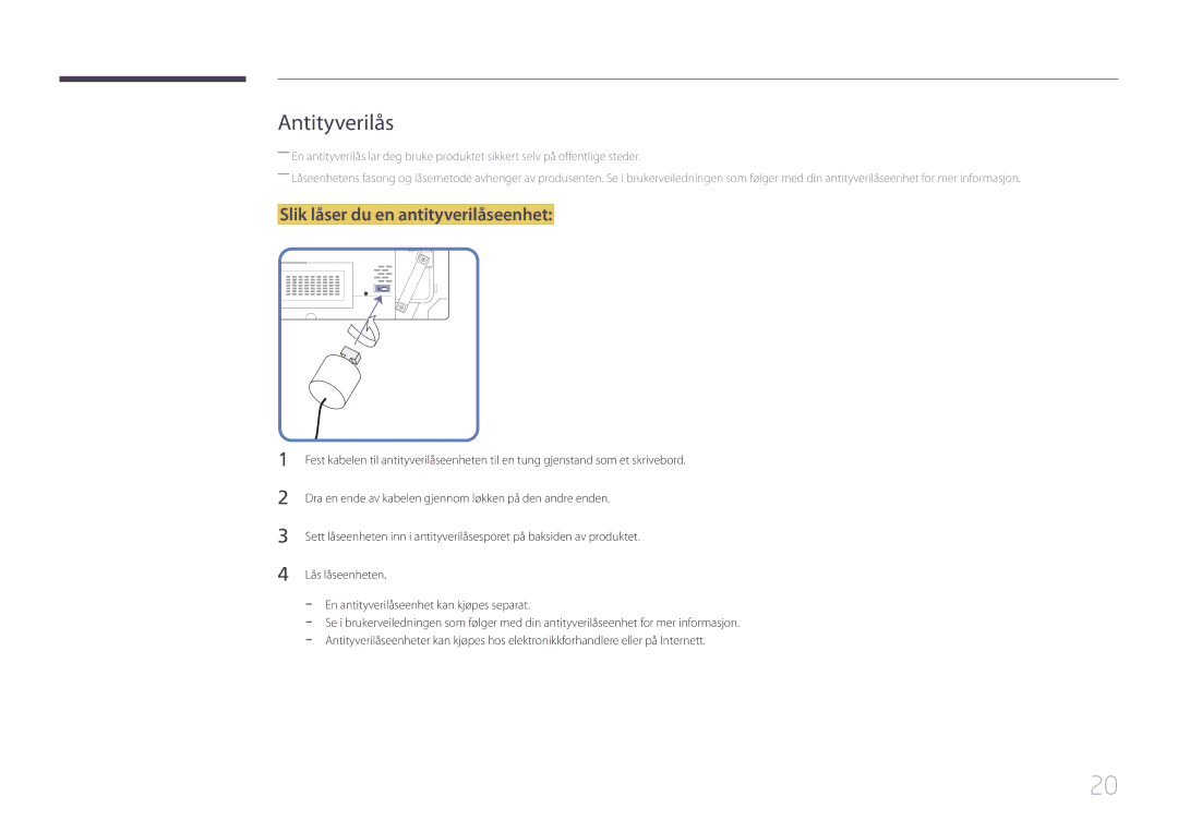 Samsung LH46UDCBLBB/EN, LH55UDCBLBB/EN manual Antityverilås, Slik låser du en antityverilåseenhet 