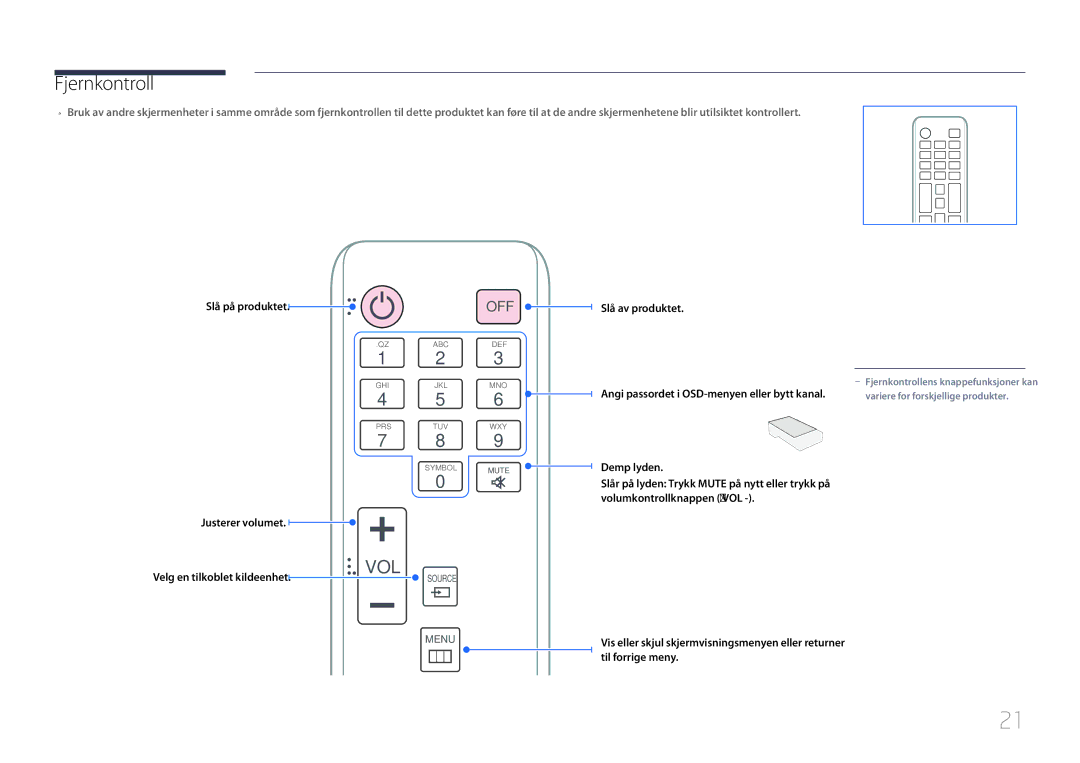 Samsung LH55UDCBLBB/EN, LH46UDCBLBB/EN manual Fjernkontroll, Slå på produktet 