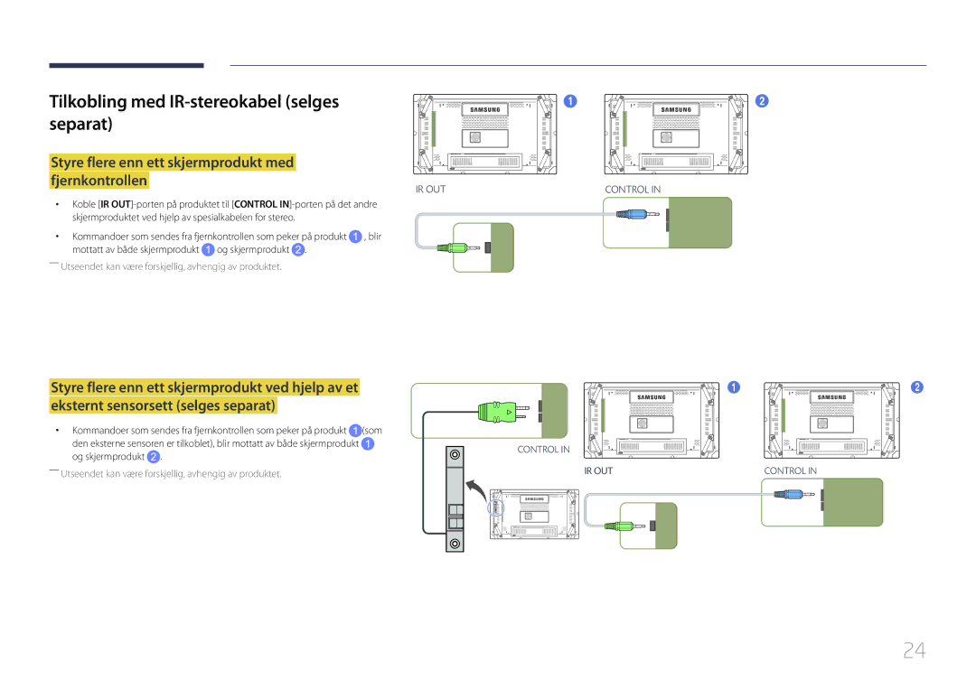 Samsung LH46UDCBLBB/EN Tilkobling med IR-stereokabel selges Separat, Styre flere enn ett skjermprodukt med Fjernkontrollen 