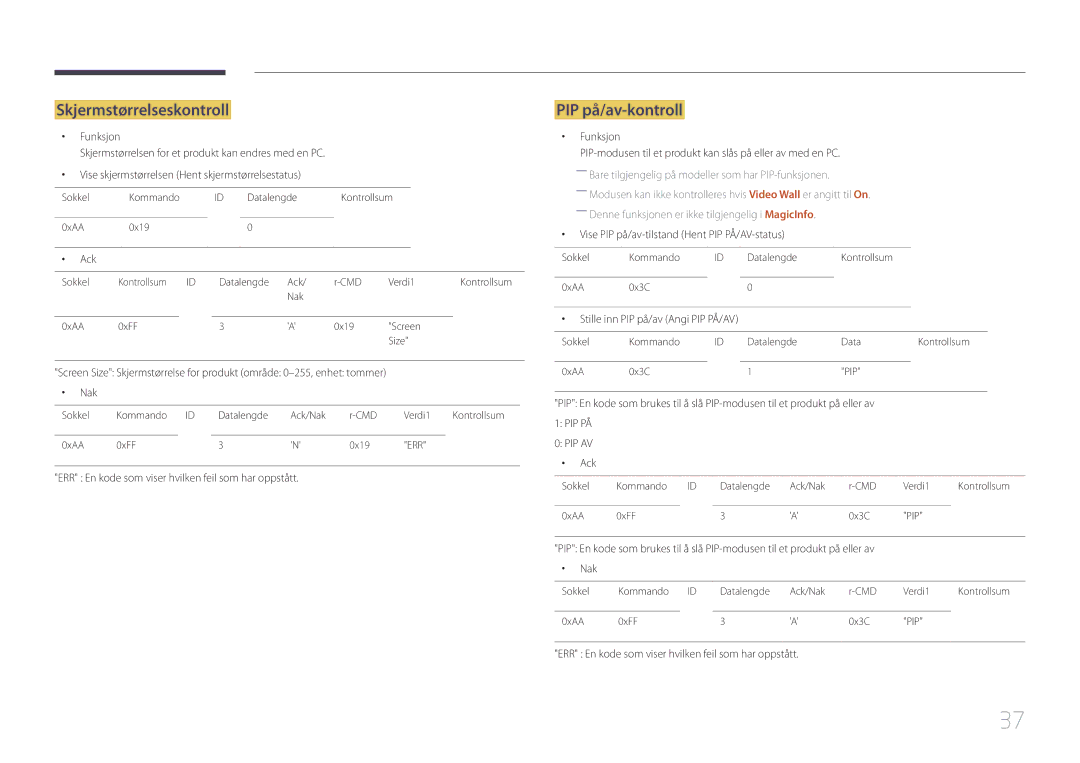 Samsung LH55UDCBLBB/EN manual Skjermstørrelseskontroll, PIP på/av-kontroll, Vise PIP på/av-tilstand Hent PIP PÅ/AV-status 