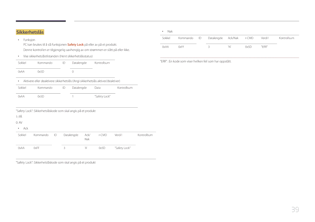 Samsung LH55UDCBLBB/EN, LH46UDCBLBB/EN manual Sikkerhetslås 