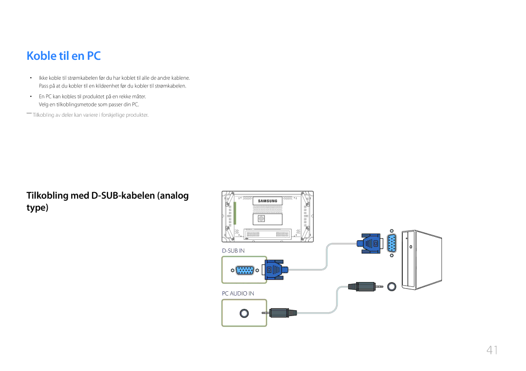 Samsung LH55UDCBLBB/EN, LH46UDCBLBB/EN manual Koble til en PC, Tilkobling med D-SUB-kabelen analog type 