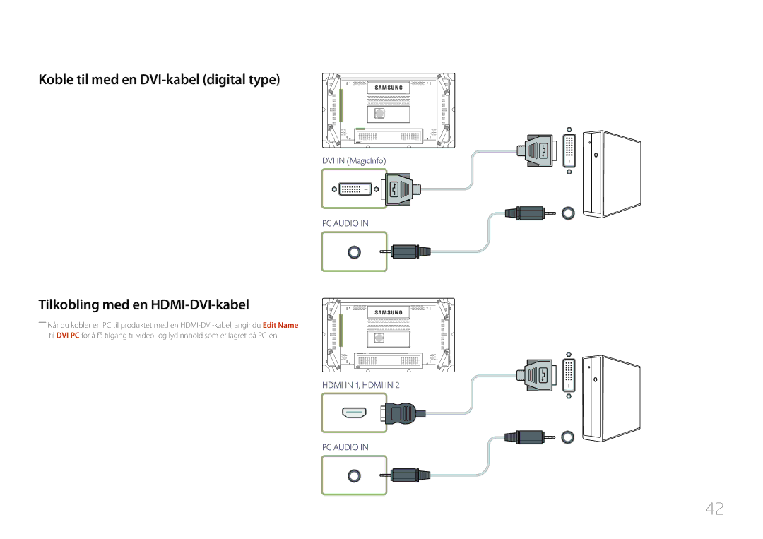 Samsung LH46UDCBLBB/EN, LH55UDCBLBB/EN manual Koble til med en DVI-kabel digital type, Tilkobling med en HDMI-DVI-kabel 