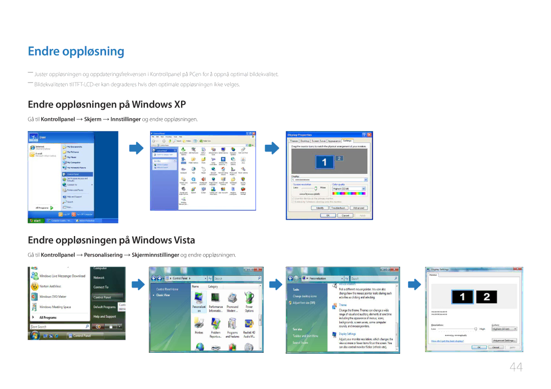 Samsung LH46UDCBLBB/EN, LH55UDCBLBB/EN manual Endre oppløsningen på Windows XP, Endre oppløsningen på Windows Vista 