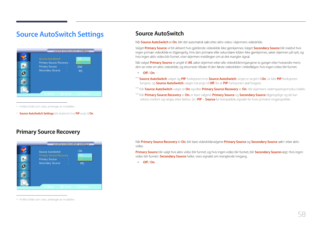 Samsung LH46UDCBLBB/EN, LH55UDCBLBB/EN manual Source AutoSwitch Settings, Primary Source Recovery 