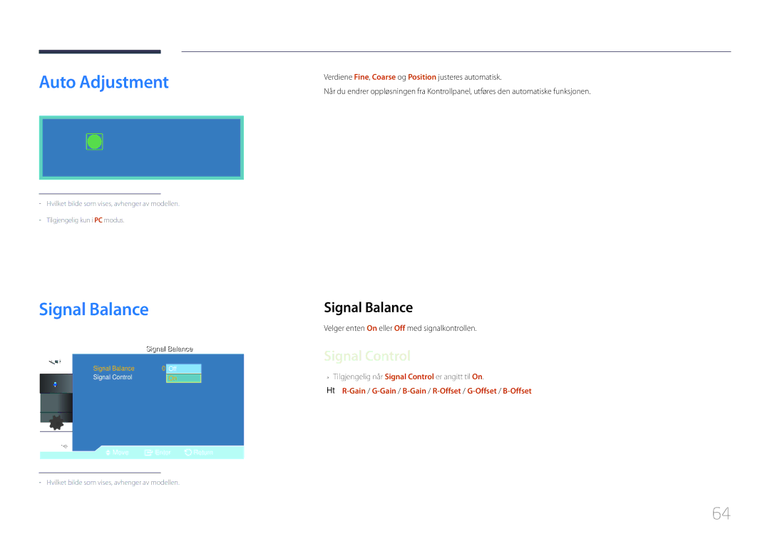 Samsung LH46UDCBLBB/EN, LH55UDCBLBB/EN Auto Adjustment, Signal Balance, Velger enten On eller Off med signalkontrollen 