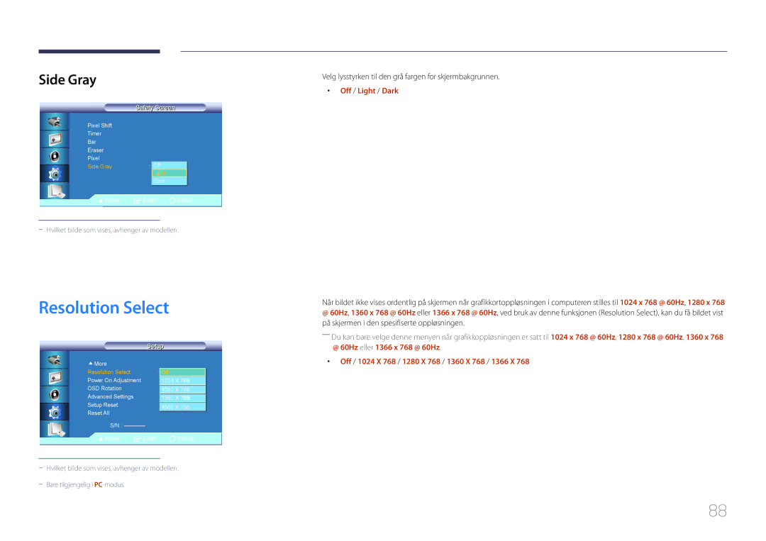 Samsung LH46UDCBLBB/EN manual Resolution Select, Side Gray, Velg lysstyrken til den grå fargen for skjermbakgrunnen 