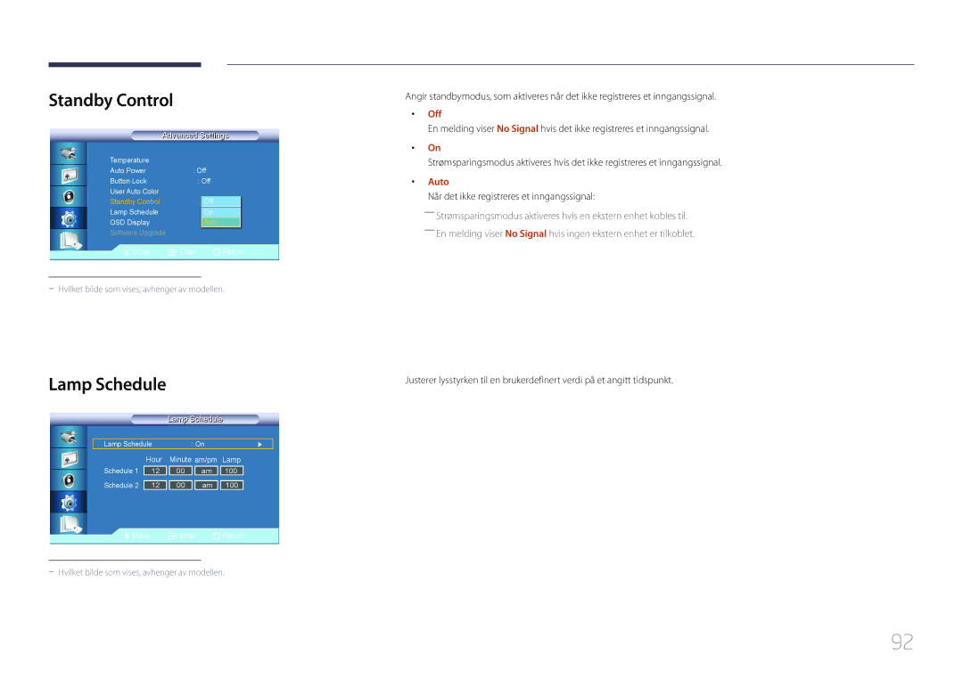 Samsung LH46UDCBLBB/EN, LH55UDCBLBB/EN Standby Control, Lamp Schedule, Auto, Når det ikke registreres et inngangssignal 