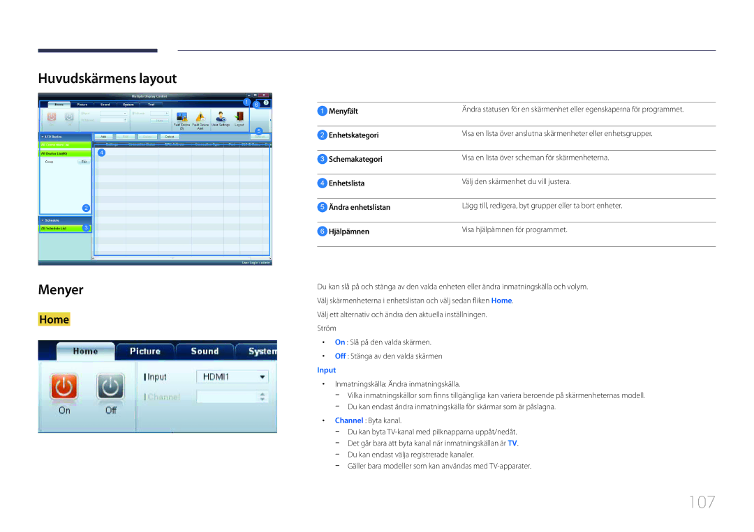 Samsung LH55UDCBLBB/EN, LH46UDCBLBB/EN manual 107, Huvudskärmens layout Menyer 