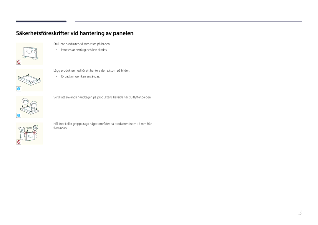 Samsung LH55UDCBLBB/EN, LH46UDCBLBB/EN manual Säkerhetsföreskrifter vid hantering av panelen 