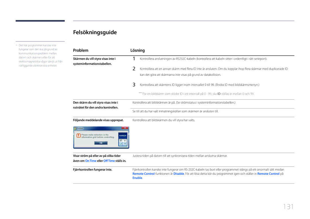 Samsung LH55UDCBLBB/EN, LH46UDCBLBB/EN manual 131, Felsökningsguide, Problem Lösning 