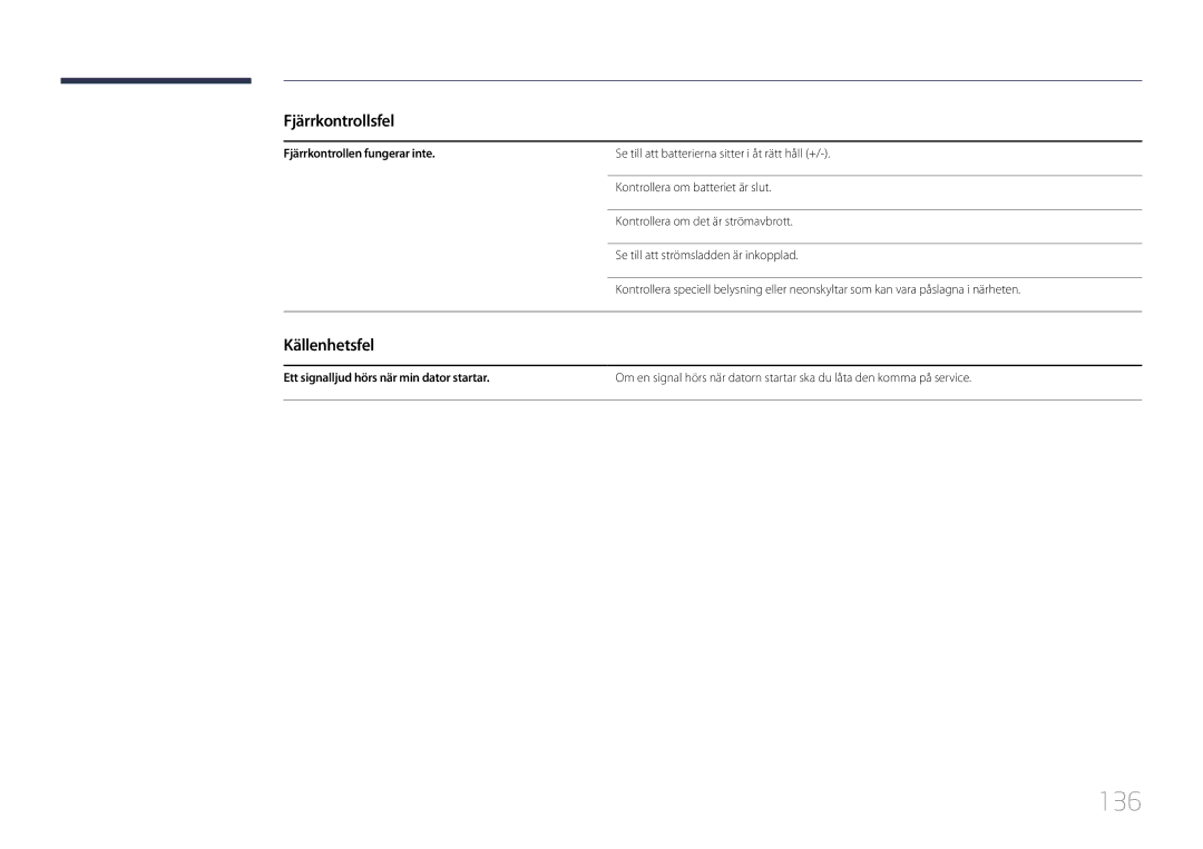 Samsung LH46UDCBLBB/EN, LH55UDCBLBB/EN manual 136, Fjärrkontrollsfel, Källenhetsfel 