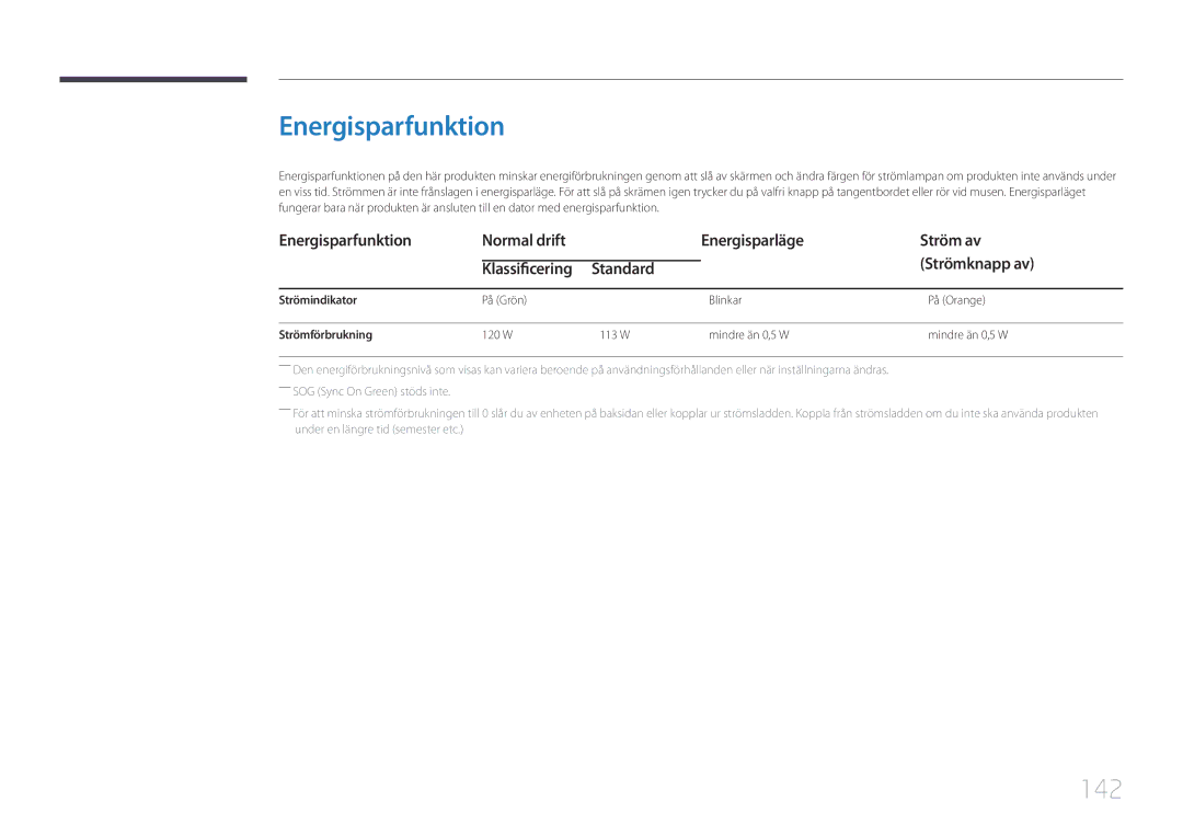 Samsung LH46UDCBLBB/EN Energisparfunktion, 142, På Grön Blinkar På Orange, Strömförbrukning, 120 W 113 W Mindre än 0,5 W 