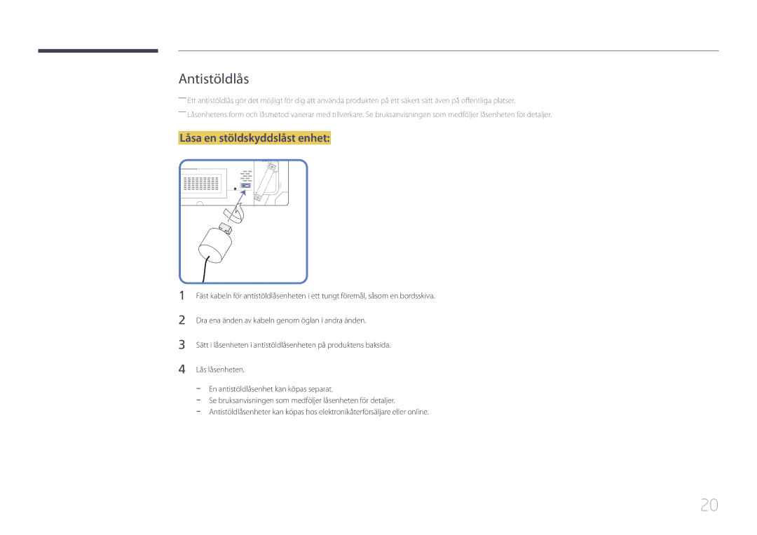 Samsung LH46UDCBLBB/EN, LH55UDCBLBB/EN manual Antistöldlås, Låsa en stöldskyddslåst enhet 