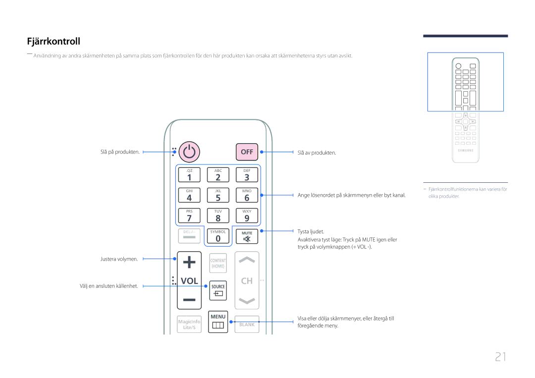 Samsung LH55UDCBLBB/EN, LH46UDCBLBB/EN manual Fjärrkontroll, Slå på produkten 