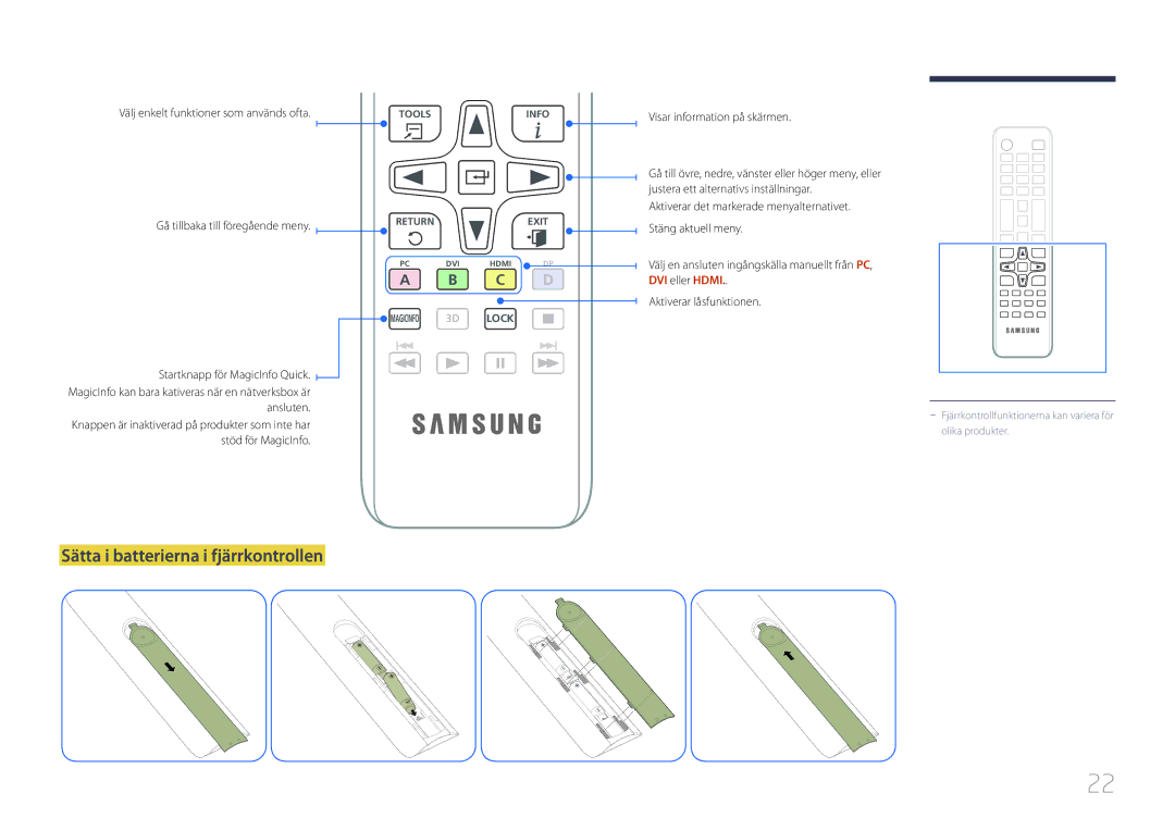 Samsung LH46UDCBLBB/EN, LH55UDCBLBB/EN Sätta i batterierna i fjärrkontrollen, Visar information på skärmen, DVI eller Hdmi 