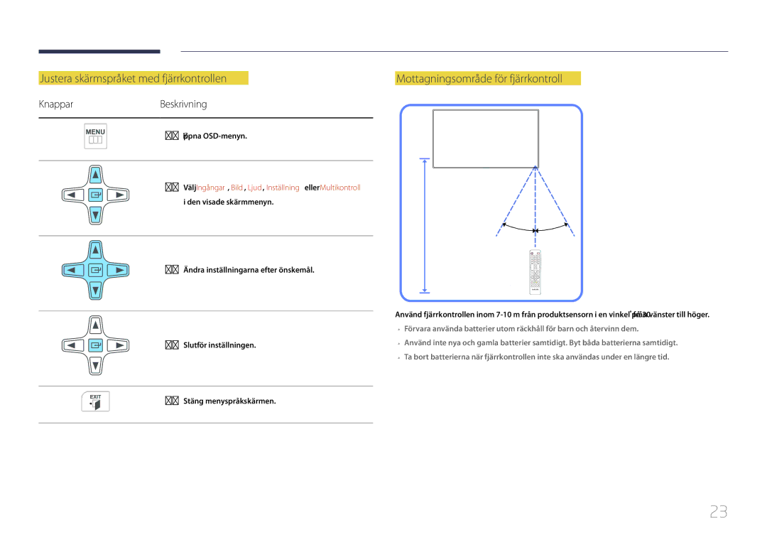 Samsung LH55UDCBLBB/EN Justera skärmspråket med fjärrkontrollen, Mottagningsområde för fjärrkontroll, KnapparBeskrivning 