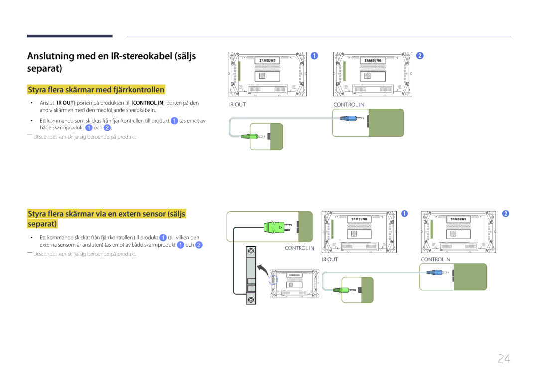 Samsung LH46UDCBLBB/EN manual Anslutning med en IR-stereokabel säljs separat, Styra flera skärmar med fjärrkontrollen 