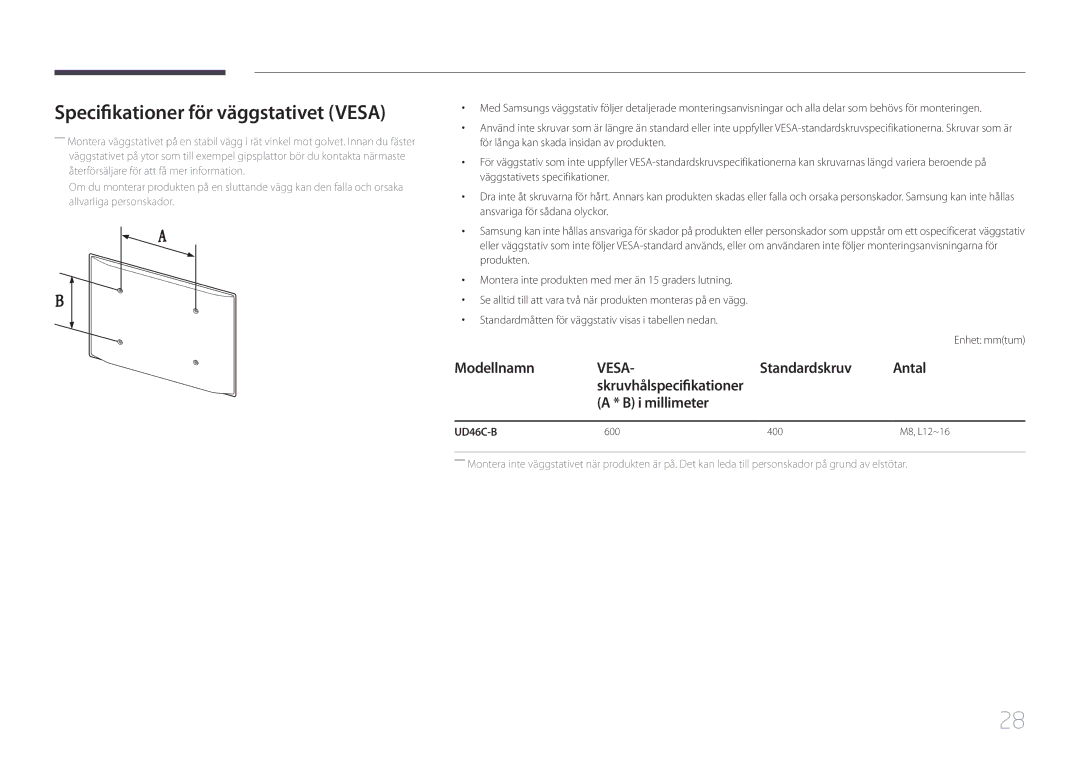 Samsung LH46UDCBLBB/EN, LH55UDCBLBB/EN manual Specifikationer för väggstativet Vesa, Antal, I millimeter 