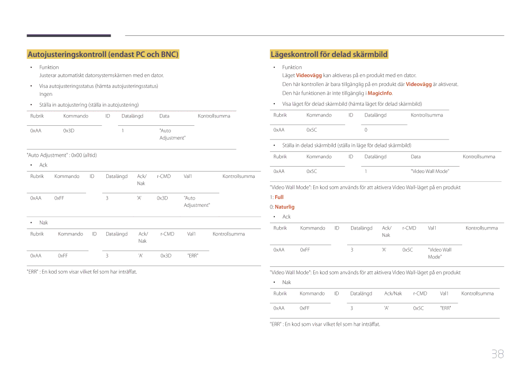 Samsung LH46UDCBLBB/EN manual Autojusteringskontroll endast PC och BNC, Lägeskontroll för delad skärmbild, Full Naturlig 