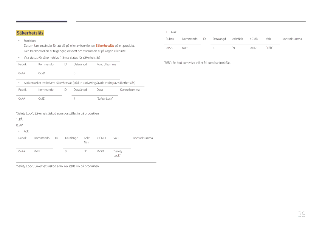 Samsung LH55UDCBLBB/EN, LH46UDCBLBB/EN manual Säkerhetslås, Visa status för säkerhetslås hämta status för säkerhetslås 