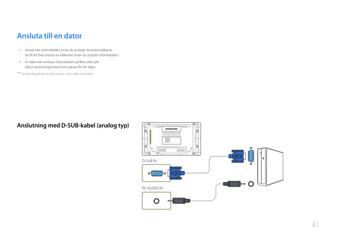 Samsung LH55UDCBLBB/EN, LH46UDCBLBB/EN manual Ansluta till en dator, Anslutning med D-SUB-kabel analog typ 