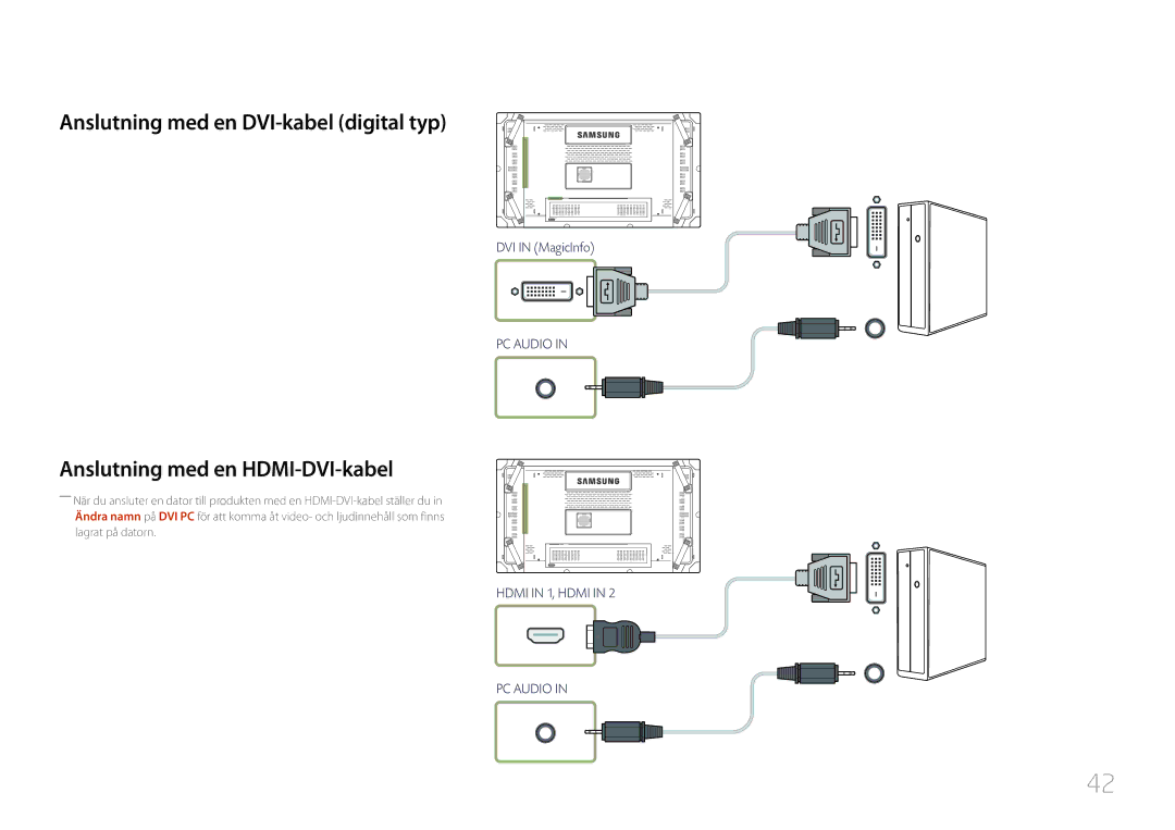 Samsung LH46UDCBLBB/EN, LH55UDCBLBB/EN manual Anslutning med en DVI-kabel digital typ, Anslutning med en HDMI-DVI-kabel 